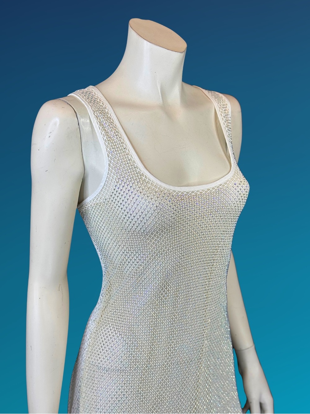 Y2K White Rhinestone Mesh Net Sheer Dress | Fairycore Rave | M - Picture 8 of 16